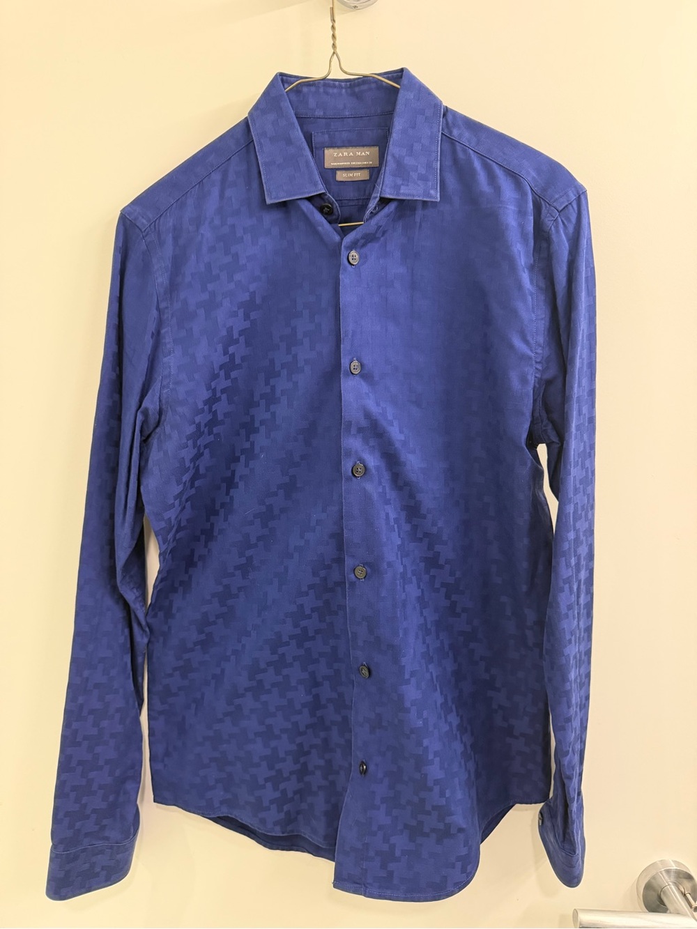 Zara Men's Royal Blue Patterned Dress Shirt